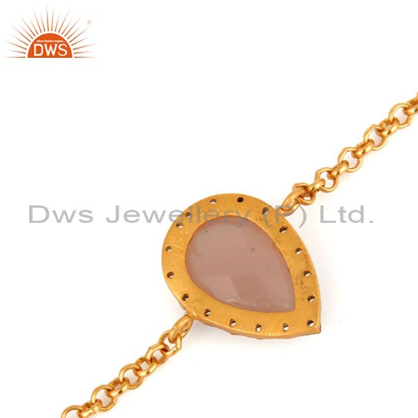 Suppliers Rose Chalcedony Gemstone & CZ 18K Gold Plated 925 Sterling Silver Chain Bracelet