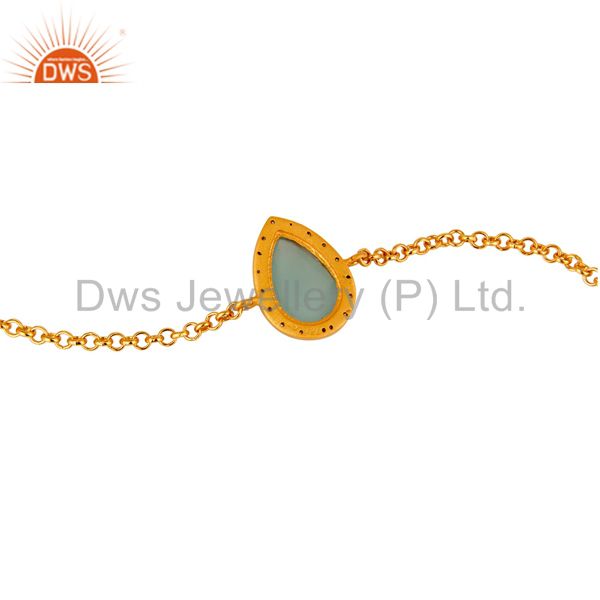 Exporter 18K Yellow Gold Plated Sterling Silver Aqua Chalcedony Chain Bracelet With CZ