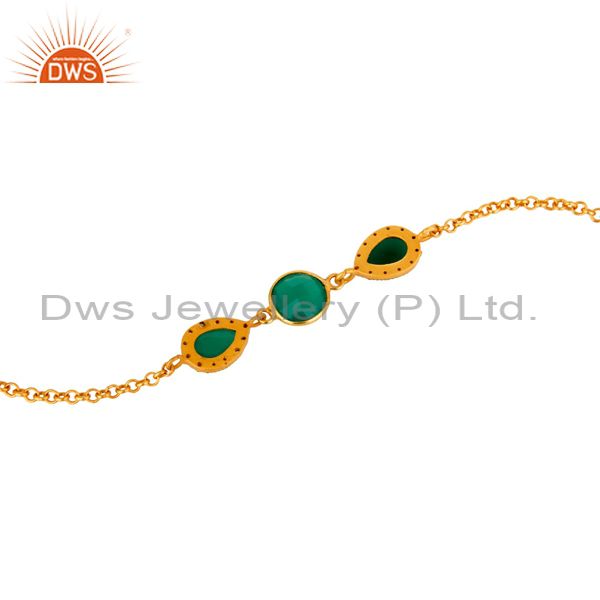 Suppliers 18K Yellow Gold Plated Sterling Silver Green Onyx Chain Bracelet With CZ