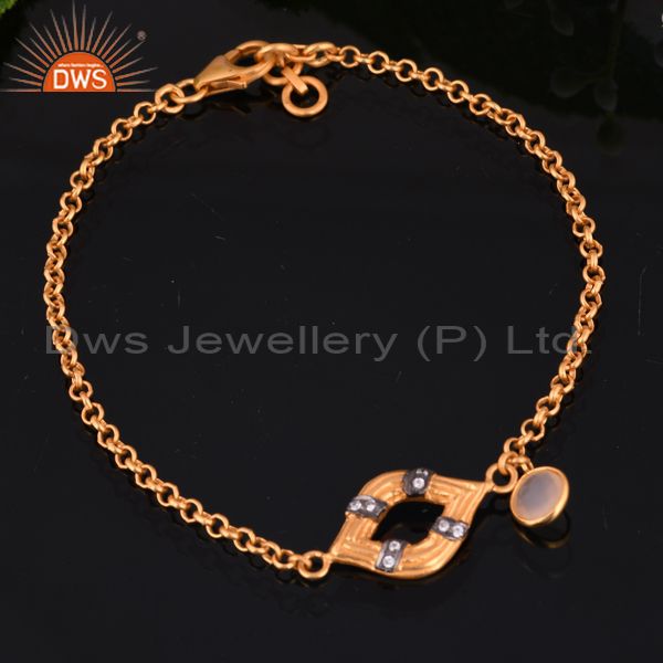 Exporter 22-K Gold-Plated Sterling Silver Rose Chalcedony Gemstone Chain Link Bracelets
