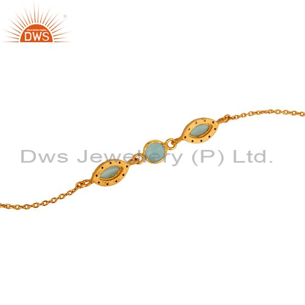 Suppliers 18K Yellow Gold Plated Sterling Silver Aqua Blue Chalcedony Link Chain Bracelet