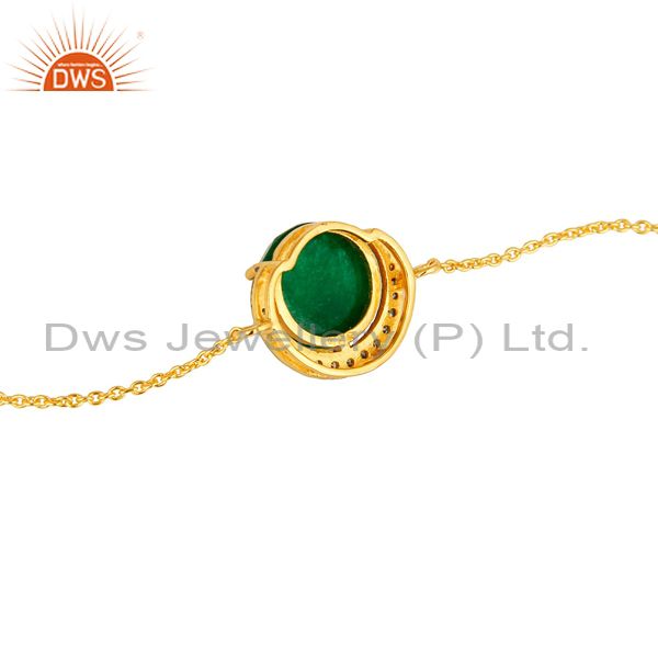 Suppliers 18K Yellow Gold Plated Sterling Silver Green Aventurine And CZ Chain Bracelet