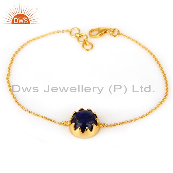 Suppliers 18K Yellow Gold Plated Sterling Silver Lapis Lazuli Gemstone Chain Bracelet