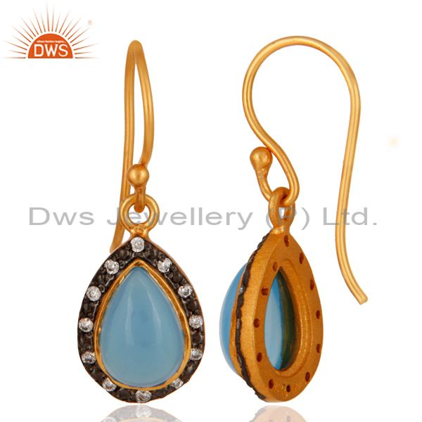 Suppliers Natural Blue Chalcedony Gemstone Sterling Silver Dangle Earring With Gold Vermei