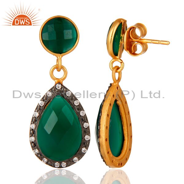 Suppliers 18K Gold Plated Sterling Silver Green Onyx Faceted Drops Earrings With CZ