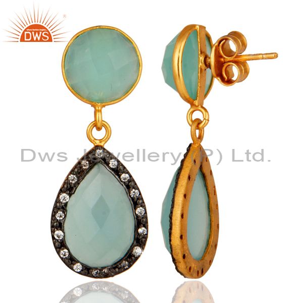 Exporter 18K Gold Over Sterling Silver CZ And Blue Aqua Glass Gemstone Drop Earrings