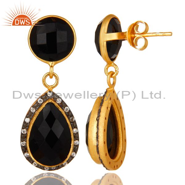 Suppliers 18K Yellow Gold Plated Sterling Silver Black Onyx Drop Earrings With CZ