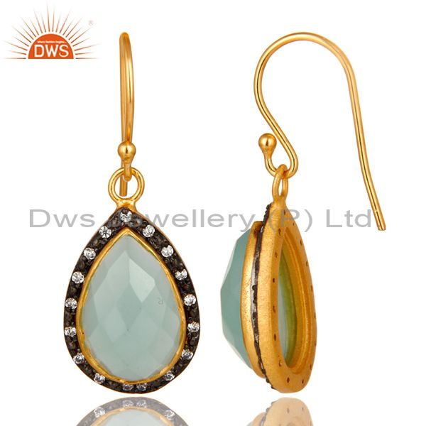 Suppliers 18K Yellow Gold Plated Sterling Silver CZ And Aqua Chalcedony Glass Drop Earring