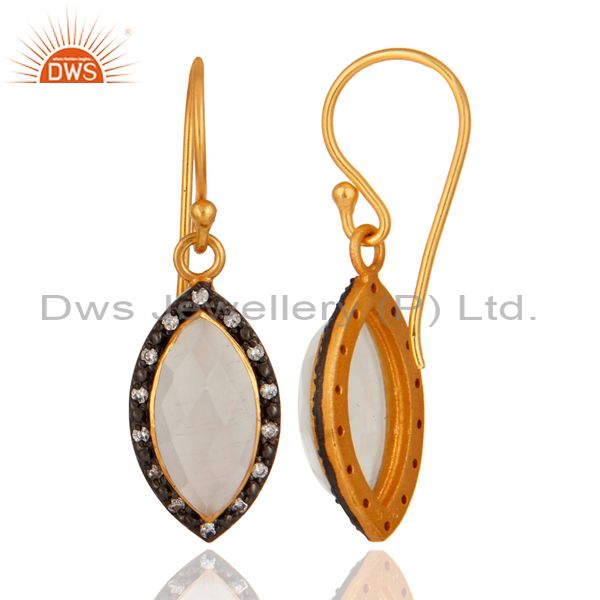 Suppliers White Moonstone 22K Yellow Gold Plated Sterling Silver Dangle Earrings With CZ