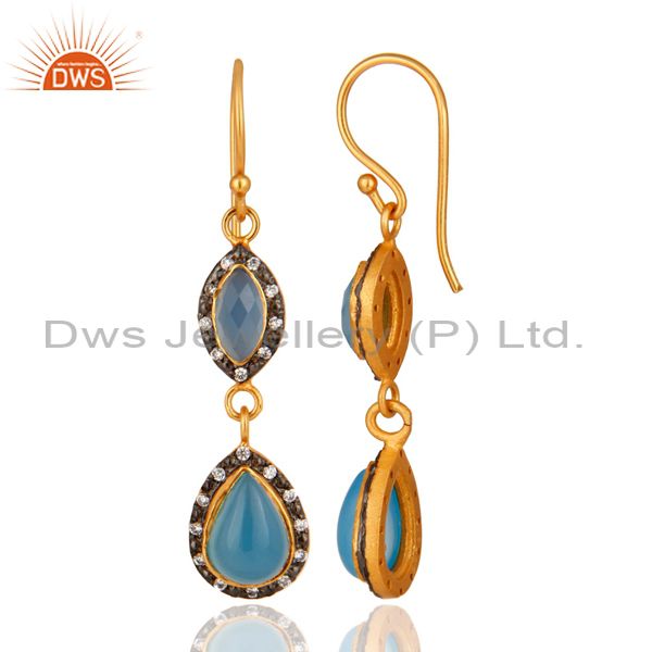 Suppliers Aqua Blue Chalcedony Gemstone Dangle Earrings in 18K Gold Over Sterling Silver