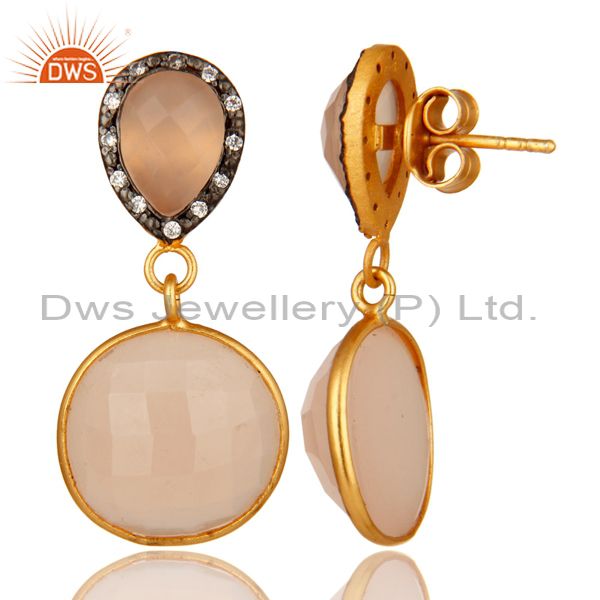 Suppliers 18K Gold Plated Sterling Silver Rose Chalcedony And CZ Bezel Set Dangle Earrings