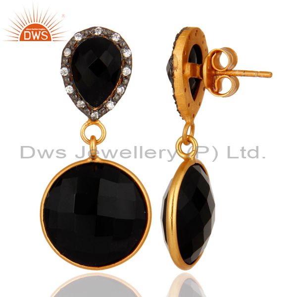 Suppliers 925 Sterling Silver With Yellow Gold Plated Black Onyx Dangle Earrings With CZ