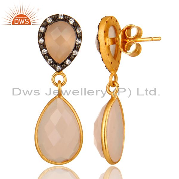Suppliers 14K Yellow Gold Plated Sterling Silver Rose Chalcedony And CZ Drop Earrings