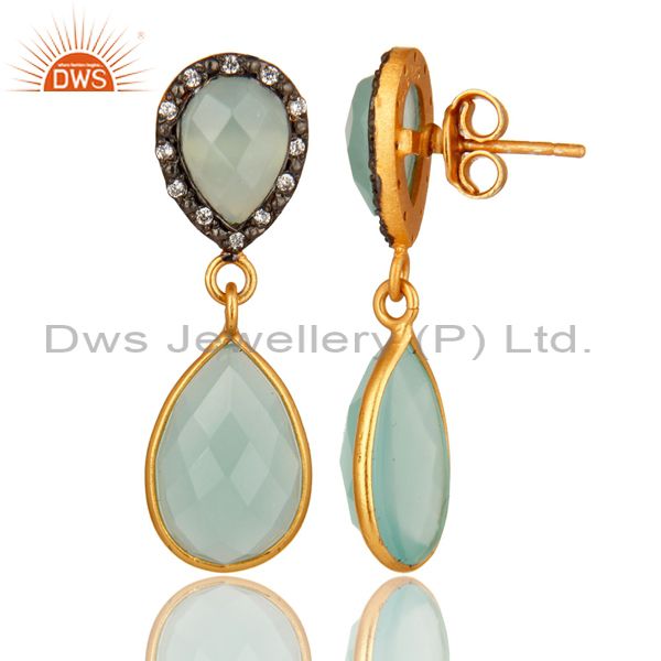 Suppliers Dyed Aqua Blue Chalcedony Gemstone Sterling Silver Dangle Earrings With CZ
