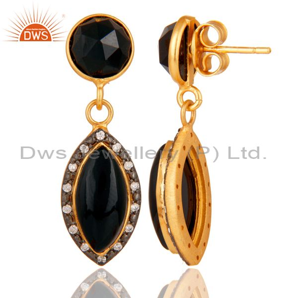 Suppliers Natural Black Onyx Gold Plated 925 Solid Silver Dangle Earrings With White CZ