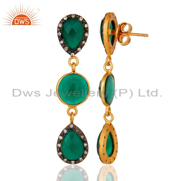 Suppliers Natural Green Onyx 925 Sterling Silver Yellow Gold Plated CZ Dangle Earrings
