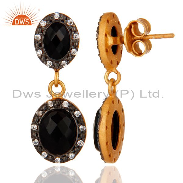 Suppliers Designer 24k Gold Plated Sterling Silver CZ & Black Onyx Dangle Earrings