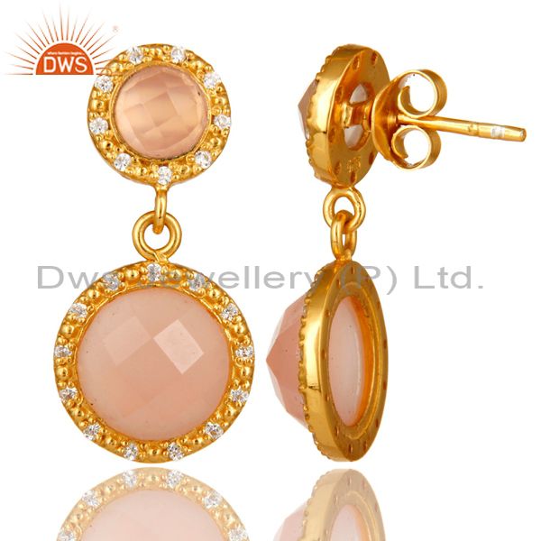 Suppliers Shiny 18K Yellow Gold Plated Sterling Silver CZ And Rose Chalcedony Drop Earring