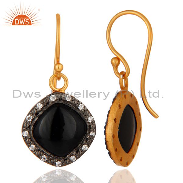 Suppliers Natural Black Onyx Gemstone Hook Earrings Made In 24K Gold Over Sterling Silver