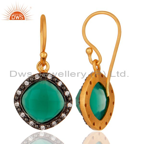 Suppliers 24K Gold Plated Over 925 Sterling Silver Green Onyx Gemstone Earring With CZ