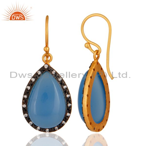 Suppliers 925 Sterling Silver Natural Blue Chalcedony Cabochon Gemstone Earrings With CZ