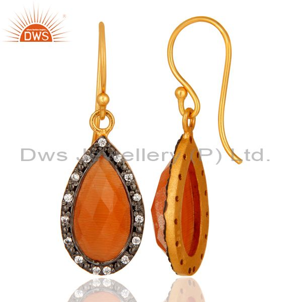 Suppliers Faceted Peach Moonstone Teardrop Earrings With CZ In 18K Gold On Sterling Silver