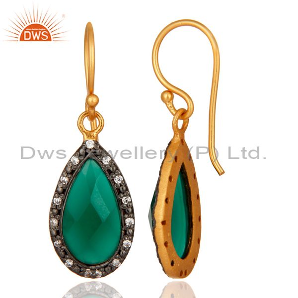 Suppliers 18K Gold Plated 925 Sterling Silver Green Onyx Gemstone Drop Earring With CZ