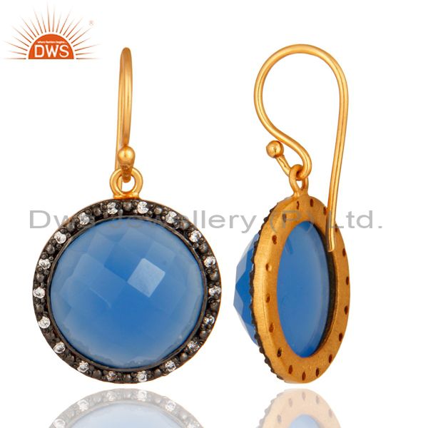 Suppliers 18K Gold Plated Sterling Silver Blue Chalcedony Faceted Gemstone Bridal Earrings