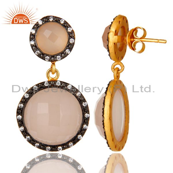 Suppliers 18K Gold Plated Sterling Silver Rose Chalcedony Double Drop Earrings With CZ