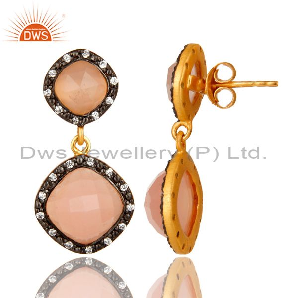 Suppliers 18K Yellow Gold Plated Sterling Silver CZ And Rose Chalcedony Dangle Earrings