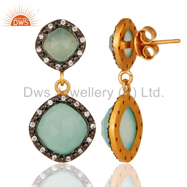 Exporter Designer Blue Aqua Chalcedony Gemstone Earrings In 14 Gold Over Sterling Silver