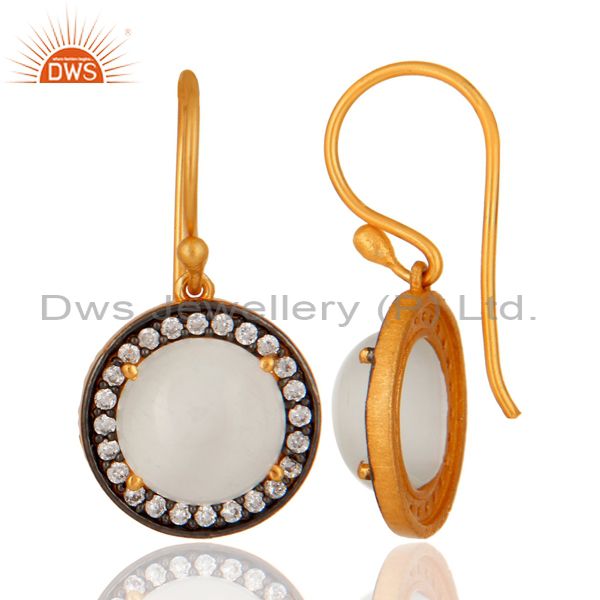 Suppliers 18K Yellow Gold Plated 925 Sterling Silver White Moonstone & CZ Hook Earrings