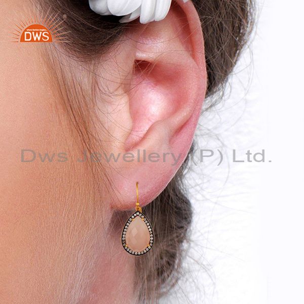 Handmade 925 Sterling Silver Rose Chalcedony Gemstone Prong Set Drop Earring