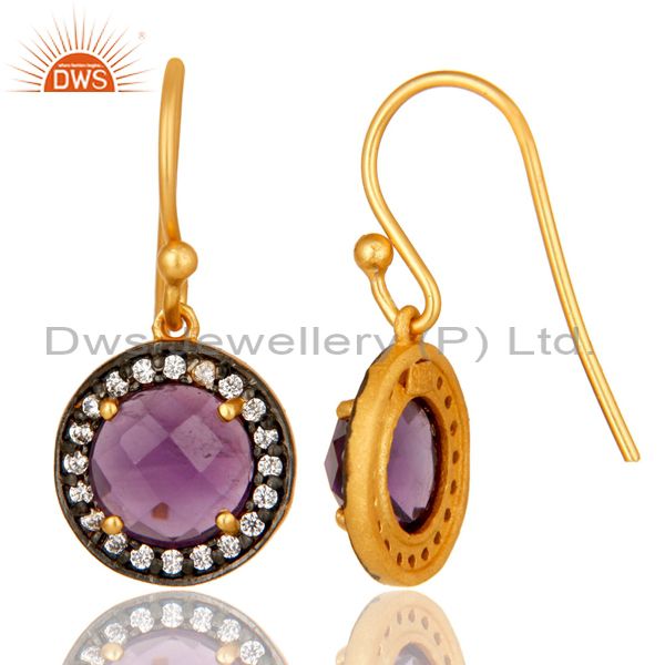 Suppliers 18K Yellow Gold Plated Sterling Silver Amethyst And CZ Disc Dangle Earrings