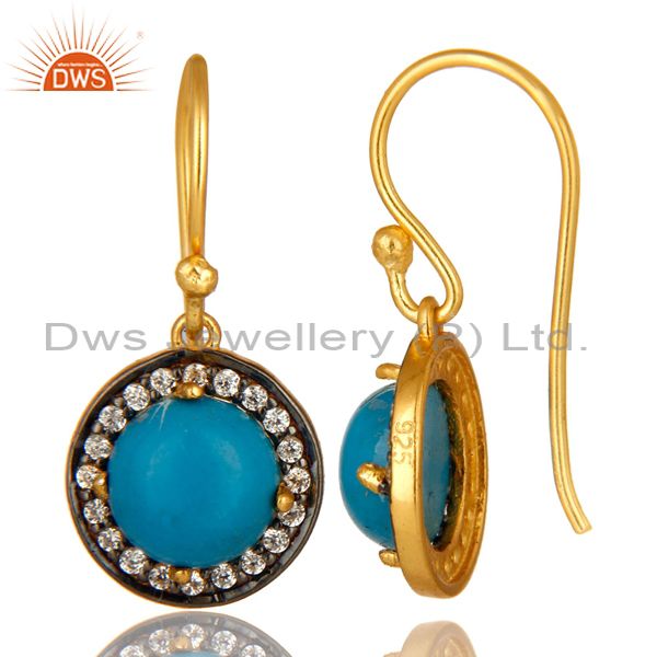 Suppliers 18K Yellow Gold Plated Sterling Silver Turquoise And CZ Surrounded Drop Earrings