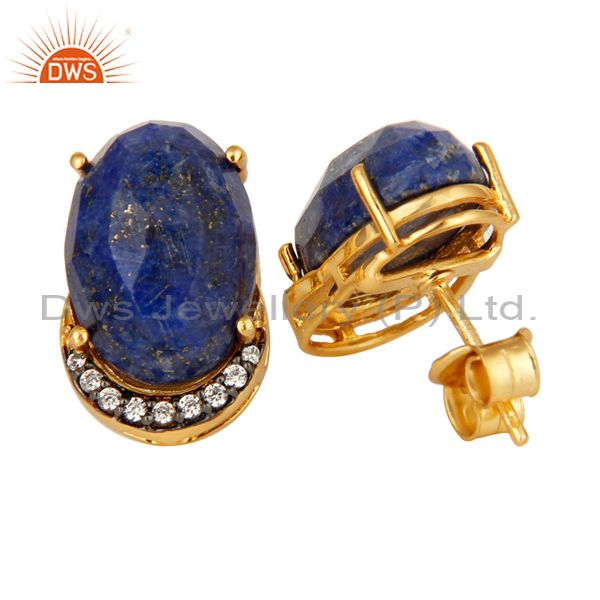 Suppliers Natural Lapis Lazuli Gemstone And CZ Sterling Silver Stud Earrings - Gold Plated