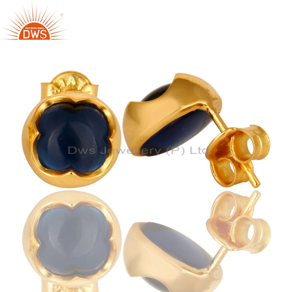 Suppliers 14K Yellow Gold Plated Sterling Silver Blue Corundum Womens Stud Earrings