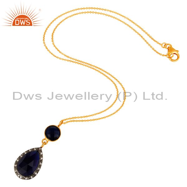 Suppliers Blue Corundum And CZ Gold Plated Sterling Silver Pendant With 16" Chain