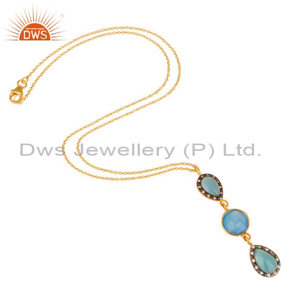 Exporter 14K Yellow Gold Plated Sterling Silver CZ And Blue Chalcedony Pendant With Chain