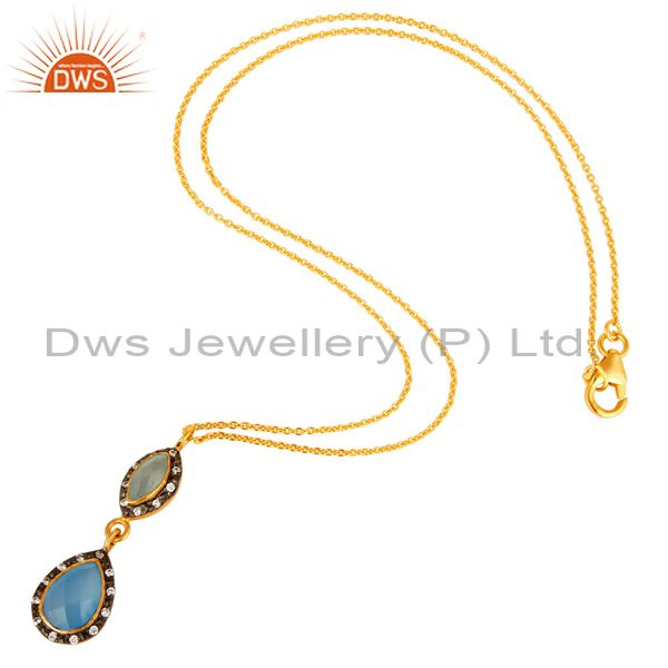 Exporter 18K Gold Plated Sterling Silver Aqua Chalcedony Gemstone Pendant With Chain
