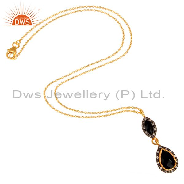 Exporter 18K Yellow Gold Plated Sterling Silver Black Onyx And CZ Drop Pendant With Chain