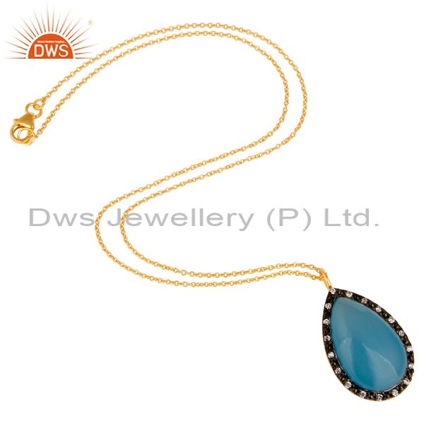 Exporter 18K Gold Plated Sterling Silver Blue Chalcedony And CZ Drop Pendant With Chain