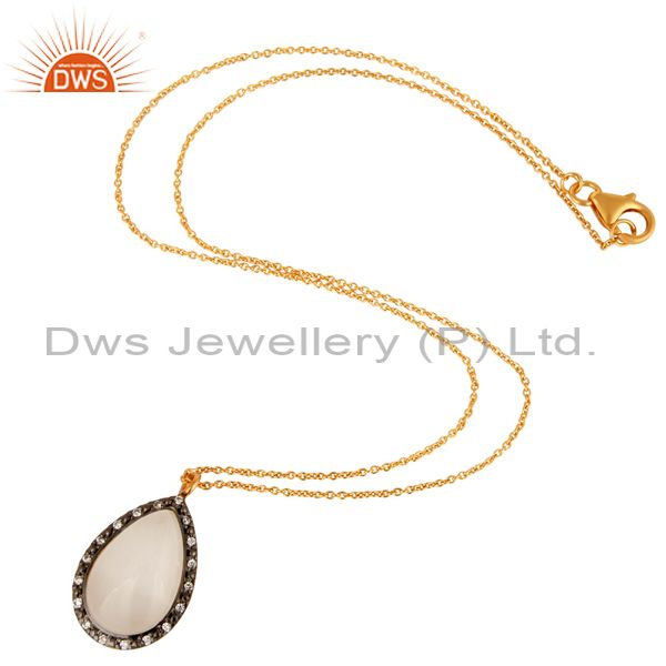 Suppliers 14K Gold On Sterling Silver Cubic Zirconia And White Moonstone Pendant Necklace