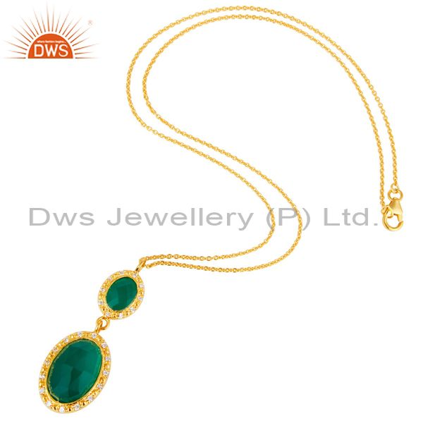 Suppliers 18K Yellow Gold Plated Sterling Silver Green Onyx & CZ Drop Pendant With Chain