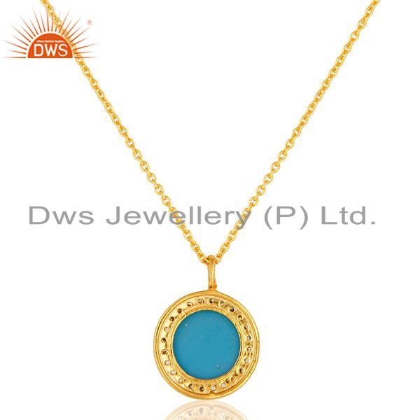 Suppliers 18K Yellow Gold Plated Sterling Silver Turquoise And CZ Pendant With 16" Chain