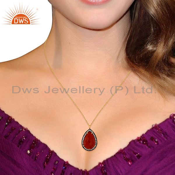 Exporter 18K Gold Plated Sterling Silver Natural Red Onyx Gemstone Drop Pendant With CZ