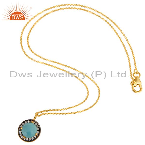 Suppliers 18K Gold Plated Sterling Silver Blue Chalcedony And CZ Pendant With 16" In Chain