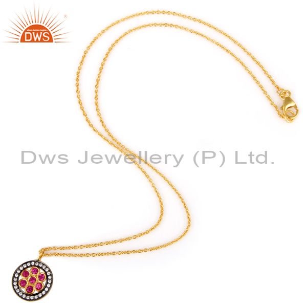 Exporter 18K Yellow Gold Plated Sterling Silver Red Cubic Zirconia Pendant With Chain