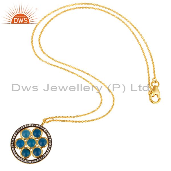 Suppliers 18K Gold Plated Sterling Silver Blue Chalcedony And CZ Circle Pendant With Chain