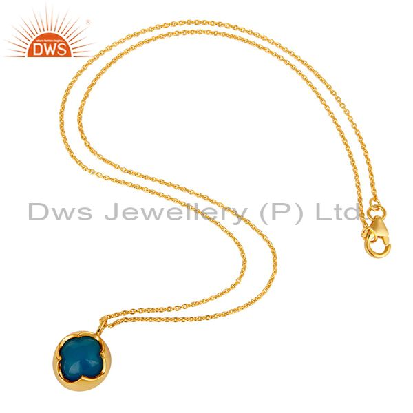 Suppliers Dyed Blue Chalcedony Gemstone Sterling Silver Pendant With Chain - Gold Plated